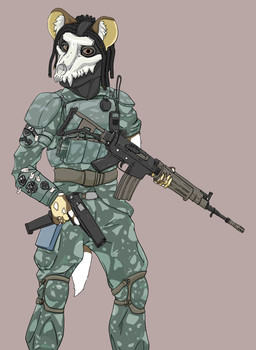 anthro balaclava belt bone bone_mask bottomwear bulletproof_vest camo camo_clothing camo_print cargo_pants clothing dog_tags dreadlocks electronics explosives grenade gun handgun jacket knee_pads male mask pants pattern_clothing pistol radio ranged_weapon rifle shoulder_pads skull skull_mask solo standing topwear weapon devarg african_wild_dog canid canine mammal absurd_res digital_drawing_(artwork) digital_media_(artwork) hi_res