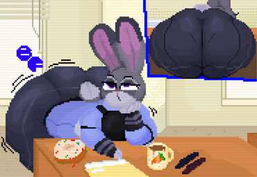 anthro bent_over big_butt black_clothing black_eyebrows black_topwear black_vest blue_bottomwear blue_clothing blue_pants blue_shirt blue_topwear bottomwear butt clothing container cup dessert doughnut eyebrows eyelashes female food furniture grey_body grey_ears grey_tail huge_butt huge_thighs hyper hyper_butt inside logo motion_lines mug multicolored_body pants pastry pink_inner_ear pink_nose purple_eyes scut_tail shirt short_tail shortstack shortstack_female solo table tail thick_thighs tight_clothing tired topwear two_tone_body two_tone_tail vest boisterous_fox disney zootopia judy_hopps human lagomorph leporid mammal rabbit 2026 artist_logo colored digital_media_(artwork) hi_res pixel_(artwork) shaded
