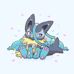 ambiguous_gender anthro blue_eyes fur kemono multicolored_body pawpads paws simple_background sitting solo star_symbol tail yellow_body yellow_fur nekogyo122 nintendo pokemon pokemon_legends_z-a generation_9_pokemon mega_evolution mega_lucario_z pokemon_(species) 1:1 2026 hi_res japanese_description