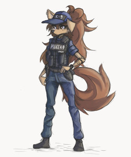 anthro arm_markings arm_tattoo armor baseball_cap belt black_nose body_armor boots bottomwear brown_body brown_eyes brown_fur brown_hair cheek_tuft clock clothing curled_tail ear_piercing eyelashes facial_markings facial_tattoo facial_tuft female female_anthro floppy_ears footwear fur hair hand_on_hip hat head_markings headgear headwear long_hair looking_aside markings neck_markings neck_tattoo pants piercing police police_uniform ponytail shirt shoes simple_background solo standing tail tattoo text text_on_baseball_cap text_on_clothing text_on_hat text_on_headwear text_on_topwear text_on_vest topwear tuft uniform utility_belt vest watch white_background tinygaypirate apogee_(tinygaypirate) canid canine canis domestic_dog mammal spitz absurd_res hi_res