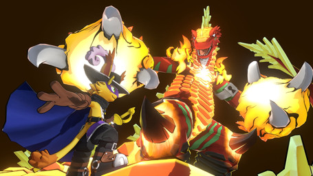 anthro boots cape clothing duo elemental_manipulation fight fire fire_manipulation footwear fur green_eyes hat headgear headwear male mask shoes yellow_body yellow_fur nukorio bandai_namco digimon digimon_(species) dinomon kaiju nyabootmon scalie 16:9 3d_(artwork) digital_media_(artwork) hi_res widescreen