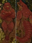 biped crossed_arms dakimakura nude open_mouth partially_submerged plant red_body red_scales scales swamp water carvarior crocodile crocodilian reptile scalie 2024 3:4 colored dakimakura_design hi_res