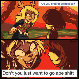 2_panel_comic ambiguous_gender ambiguous_human anthro antlers biped blonde_hair brown_hair clothed clothing detailed_background duo eye_contact female female_anthro forest freckled_face freckles hair hair_over_eyes horn insane lake long_hair looking_at_another outside plant short_hair smile smirk snout snowgrave text tree wide_eyed yellow_body yellow_skin rabbitlegs are_you_tired_of_being_nice? deltarune undertale_(series) kris_dreemurr noelle_holiday human mammal 1:1 2026 comic digital_drawing_(artwork) digital_media_(artwork) english_description english_text meme