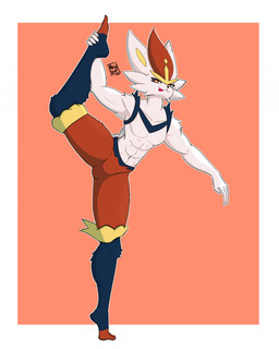 anthro exercise feet hand_on_foot looking_at_viewer male muscular muscular_male nude solo yoga newbrot nintendo pokemon cinderace generation_8_pokemon pokemon_(species) hi_res