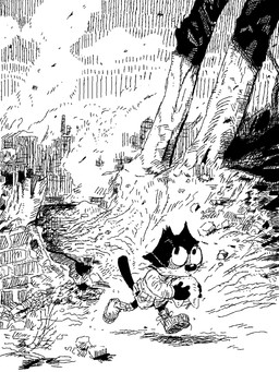 ambiguous_gender anthro armor biped boots clothed clothing countershading escaping footwear fur fur_markings headgear helmet holding_armor holding_headgear holding_helmet holding_object landscape looking_aside markings military military_uniform plant rock rubble shoes smoke solo tail topwear tree uniform walking whiskers qs75834 felix_the_cat_(series) felid feline mammal 3:4 digital_media_(artwork) monochrome