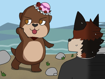 anthro beach black_body black_fur black_nose bodily_fluids clothing costume ears_up fur hat headgear headwear male male/male mascot_costume multicolored_body multicolored_fur red_body red_fur rock shirt sweat sweatdrop topwear water wave white_body white_fur dragokaizer666 echo_(game) echo_(series) echo_project chase_hunter chiitan leo_alvarez canid canine canis mammal mustelid otter wolf 4:3 hi_res