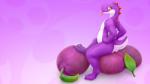16:9 2014 3_toes 5_fingers amber_eyes ambiguous_gender anthro barefoot biped butt claws digital_media_(artwork) dinosaur feet fingers food fruit hi_res hindpaw looking_at_viewer mario_bros nintendo nude paws plant plum_(fruit) purple_body purple_scales purple_yoshi rear_view reptile scales scalie sitting smile solo spikes toes tongue tongue_out vader-san white_body white_scales widescreen yoshi