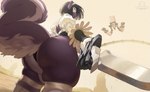 anthro big_butt biped black_hair blindfold butt clothed clothing female hair logo low-angle_view machine melee_weapon outside raised_tail short_hair skimpy solo standing sword tail text weapon boosterpang nier_automata platinumgames louis_(grendelrat) yorha_2b mammal mephitid robot skunk 2024 artist_logo english_text japanese_text male_(lore)