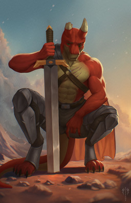 anthro armor bare_chest big_weapon cape clothing crouching desert fantasy green_eyes horn kneeling male melee_weapon mountain muscular pose red_body red_skin scar serious_expression solo sunset sword weapon levsha mythology dragon mythological_creature mythological_scalie reptile scalie digital_media_(artwork) signature
