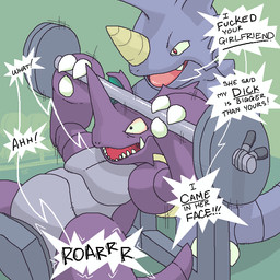 anthro barbell dialogue duo exercise holding_object horn male purple_eyes red_eyes semi-anthro tail text weightlifting workout argon_vile nintendo pokemon generation_1_pokemon mammal nidoking pokemon_(species) rhinoceros rhydon scalie 1:1 aliasing digital_media_(artwork) english_text