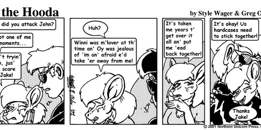anthro bodily_fluids breasts clothed clothed_female clothed_male clothing crying dialogue duo eyes_closed eyewear female fur furniture hair hug jacket male male/female sofa sunglasses tears text topwear style_wager dela_the_hooda edith_picadelly jake_mcross human mammal mouse murid murine rodent 2001 comic english_text greyscale monochrome