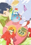 blue_body blue_fur bowl clothed clothing container eating food fur furniture group heart_symbol kashiwa_mochi ketchup male membrane_(anatomy) membranous_wings mochi origami papercraft plate red_body red_scales scales table tongue tongue_out white_body white_fur wings campfire_cooking_in_another_world_with_my_absurd_skill children's_day_(japan) mythology dora-chan fel_(fenrir) mukoda_tsuyoshi sui_(slime) canid canine canis dragon goo_creature human mammal mythological_creature mythological_scalie scalie wolf hi_res official_art