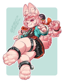 anthro braided_hair butt clothed clothing female fur hair inner_ear_fluff looking_at_viewer pink_body pink_hair red_eyes simple_background smile solo tail text tuft underwear blasticussaturn mihoyo zenless_zone_zero zhao_(zenless_zone_zero) lagomorph leporid mammal rabbit thiren 2025 absurd_res digital_media_(artwork) hi_res signature adult_(lore)