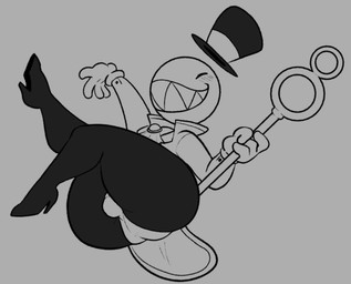 4_fingers big_butt blush bubble_wand bulge butt clothing coat eyes_closed fingers floating_head grin hat headgear headwear holding_object holding_wand legs_up male not_furry raised_hand sharp_teeth small_bulge smile solo tailcoat teeth thick_thighs top_hat topwear wand lewdydoodls glitch_productions the_amazing_digital_circus bubble_(tadc) humanoid living_bubble 2026 black_and_grey monochrome