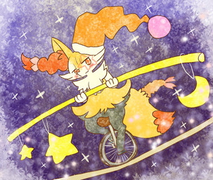 :3 ambiguous_anthro ambiguous_gender anthro balancing biped blush bodypaint circus clothing digitigrade dipstick_tail dutch_angle face_paint food front_view hat hat_on_ear headgear headwear holding_object holding_stick looking_at_viewer markings mouth_closed object_in_tail shrimp_(food) sitting snout solo stick tail tail_markings three-quarter_view unicycle vehicle annyui0611 nintendo pokemon braixen canid generation_6_pokemon mammal pokemon_(species) 2022 digital_drawing_(artwork) digital_media_(artwork) full-length_portrait hi_res japanese_description portrait translated_description