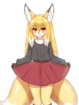 2_tails anthro blonde_hair blush bottomwear brown_body brown_fur clothed clothing cute_fangs dipstick_ears dipstick_tail ear_markings fangs female female_anthro flat_chested fur hair inner_ear_fluff kemono long_hair looking_at_viewer markings multi_tail multicolored_body multicolored_ears multicolored_fur multicolored_hair multicolored_tail red_eyes simple_background skirt solo tail tail_markings teeth tuft two_tone_hair white_background white_body white_fur white_hair white_tail_tip yellow_body yellow_fur horokusa0519 nio_(horokusa) canid canine fox mammal 2022 3:4 absurd_res digital_media_(artwork) hi_res portrait three-quarter_portrait