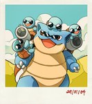 3_fingers ambiguous_gender anthro biped blastoise blue_body blue_skin brown_eyes carrying_another claws climbing clinging cloud day detailed_background digital_media_(artwork) eyewear finger_claws fingers generation_1_pokemon grass group happy hi_res larger_ambiguous larger_anthro looking_at_another nature nintendo on_head on_shoulder on_top on_top_of open_mouth open_smile outside photo plant pokemon pokemon_(species) reptile scalie semi-anthro shell size_difference size_play sky smaller_ambiguous smaller_anthro smile squirtle squirtle_squad standing sunglasses teletelo tongue