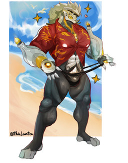 5_fingers anthro beach biped claws fingers humanoid_hands male muscular muscular_anthro muscular_male muscular_thighs sea text water thinlovestea mihoyo zenless_zone_zero banyue_(zenless_zone_zero) felid lion mammal pantherine robot_anthro artist_name hi_res signature