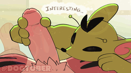 antennae_(anatomy) anthro anthro_pov black_eyes duo erection first_person_view foreskin genitals handjob humanoid_genitalia humanoid_penis male male/male male_pov mouthless penile penis sex stripes text dogtober saturday_(dogtober) tiger_(dogtober) felid mammal mouse murid murine pantherine rodent tiger 2d_animation animated english_text frame_by_frame