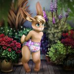 ambiguous_gender anthro big_ears clean_diaper clothed clothing diaper diaper_only floral floral_diaper floral_pattern floral_print flower pattern_diaper plant print_diaper solo standing topless wearing_diaper young young_anthro astolpho lagomorph leporid mammal rabbit 1:1