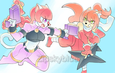 anthro duo female fight fur gun holding_object holding_weapon midriff ninja orange_body ranged_weapon shuriken warrior weapon white_body white_fur yellow_body yellow_fur zipskyblue kyoko_(zipskyblue) mei_(zipskyblue) felid feline mammal