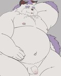 anthro belly eyebrows flaccid foreskin fupa fur genitals hair horn male navel nipples nude one_eye_closed overweight penis purple_hair solo thick_eyebrows white_body white_fur wink peto3001 lifewonders tokyo_afterschool_summoners behemoth_(tas) monster 4:5 absurd_res hi_res