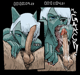 anthro balls blood blue_body blue_eyes bodily_fluids bubble claws deep_throat duo erection excessive_saliva fangs fellatio female foreskin gagging gagging_on_penis genital_fluids genitals hair humanoid_genitalia humanoid_penis leg_grab makeup male male/female mascara onomatopoeia open_mouth oral oral_penetration penetration penile penis penis_sniffing precum precum_string pubes retracted_foreskin running_makeup running_mascara saliva saliva_bubble saliva_on_penis saliva_on_tongue sex sniffing snot snot_bubble sound_effects stray_pubes tears teeth text thigh_grab thin_penis tongue tongue_out unretracted_foreskin white_hair hieronymusjohnson canid canine human mammal aliasing binary_drawing digital_drawing_(artwork) digital_media_(artwork)