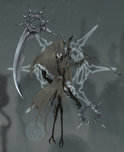 2_toes 4_arms 4_fingers ambiguous_gender anthro arthropod_abdomen bandage bandaged_arm beads biped black_body black_exoskeleton blurred_background cloak clothing exoskeleton feet fingers holding_melee_weapon holding_object holding_polearm holding_scythe holding_weapon melee_weapon multi_arm multi_limb polearm prayer_beads rosary scar scythe solo toes weapon demgozellegs hollow_knight:_silksong hollow_knight_(franchise) team_cherry hornet_(hollow_knight) arthropod 2025 absurd_res full-length_portrait hi_res portrait watermark female_(lore)