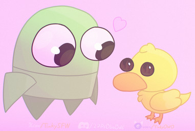 big_eyes black_eyes duo feathers feral fire fire_in_eyes green_body heart_symbol machine male pink_background pupils robotic_arm simple_background text wings yellow_body yellow_feathers tinky r.e.p.o. semibot_(r.e.p.o.) anatid anseriform apex_predator_(r.e.p.o.) avian bird duck robot url