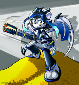 amber_eyes anthro armwear black_hair blue_markings clothing elbow_gloves female fingerless_gloves fishnet_clothing fishnet_legwear footwear gatling_gun gloves gradient_eyes gun gun_arm gun_smoke hair handwear horn legwear machine_gun markings minigun neck_tuft ranged_weapon ring round_ears sandals shadow shoes sleeveless_dress smile smoke smoking_gun solo spade_tail tail teeth topwear tuft weapon weapon_arm white_body wings harddanx sega sonic_the_hedgehog_(series) velatis_ferio_caedo unknown_species absurd_res hi_res