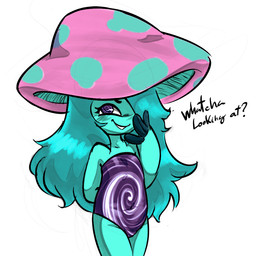 anthro blush blush_lines clothing dialogue female fungus loli looking_at_viewer one-piece_swimsuit question smile solo standing swimwear teeth text young soulcentinel squitoo third-party_edit dolly_(dollshroom) elemental_creature elemental_humanoid fungi_fauna fungi_humanoid humanoid color_edit colored english_text