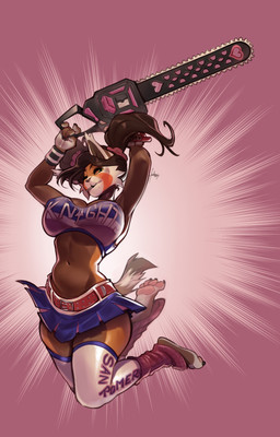 5_fingers anthro bottomwear breasts brown_body brown_fur brown_hair chainsaw claws clothed clothed_anthro clothed_female clothing cosplay countershade_torso countershading female finger_claws fingers front_view fully_clothed fully_clothed_anthro fully_clothed_female fur green_eyes hair holding_object legwear looking_at_viewer navel pose power_tool simple_background skirt solo thigh_highs tools topwear yellow_sclera furlana lollipop_chainsaw juliet_starling lana_baginsky_(furlana) ailurid felid feline hybrid lynx mammal red_panda 2025 detailed digital_drawing_(artwork) digital_media_(artwork) hi_res