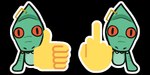 black_outline fangs gesture hand_gesture handle_bar middle_finger orange_sclera outline simple_background teeth thumbs_up transparent_background white_outline guffindoesart amphibian fish frog marine shark 2023 2:1 alpha_channel meme