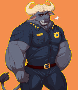 anthro barazoku belt biceps big_muscles bottomwear clothed clothing fully_clothed fur grey_body grey_fur horn male muscular muscular_anthro muscular_male orange_background outline pants pecs police police_uniform shirt simple_background solo standing topwear uniform istani disney zootopia chief_bogo bovid bovine cape_buffalo mammal aliasing digital_media_(artwork) hi_res
