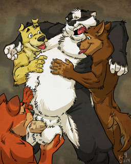 anthro ball_fondling balls belly belly_play belly_rub biceps black_body black_fur black_nose bodily_fluids body_worship brown_body brown_fur collaborative collaborative_sex cum cum_in_mouth cum_inside dripping eyes_closed fellatio fondling foursome fur genital_fluids genitals group group_sex humanoid_genitalia humanoid_penis licking looking_pleasured male male/male musclegut muscular muscular_male navel nipple_fetish nipple_lick nipple_play nipples nude oral overweight overweight_male penile penis sex standing tan_penis tongue tongue_out vein white_balls white_body white_fur yellow_body yellow_fur k-9 badger canid canine canis domestic_dog mammal mustelid musteline 2014 4:5 absurd_res hi_res