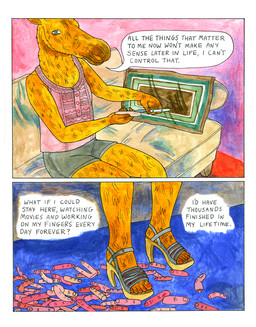 anthro blue_eyes bottomwear brown_body brown_fur clay clothed clothing colored_nails creating_art dialogue feet female fingernails footwear fully_clothed fur furniture grey_bottomwear grey_clothing grey_shorts high_heeled_sandals high_heels holding_knife holding_object humanoid_feet humanoid_hands knife nails on_sofa pink_clothing pink_shirt pink_tank_top pink_topwear plantigrade red_fingernails red_nails red_toenails sandals sculpting shirt shoes shorts sitting sitting_on_sofa snout sofa solo speech_bubble tank_top text toenails toes topwear lisa_hanawalt deer mammal moose new_world_deer comic english_text hi_res traditional_media_(artwork)