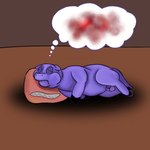 1:1 balls cuddlybloodily drop_shadow eyes_closed feral fluffy_pony fluffy_pony_(species) fur genitals hi_res male mammal penis pillow purple_body purple_fur sid_(cuddlybloodily) simple_background solo suina thought_bubble