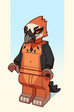 ambiguous_gender anthro beak black_beak black_tail black_tail_feathers feathers looking_at_viewer navel non-mammal_navel orange_body orange_feathers red_sclera solo standing tail tail_feathers white_body white_feathers yellow_eyes phenelia lego avian bird lego_minifigure 2026 absurd_res digital_drawing_(artwork) digital_media_(artwork) english_description hi_res