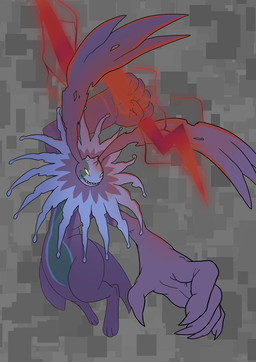 abstract_background ambiguous_gender anthro attack black_body collar digitigrade electricity grin lightning smile solo yellow_eyes shasesdraws bandai_namco digimon cherubimon cherubimon_(evil) digimon_(species) hi_res
