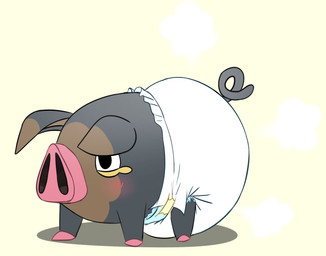 ambiguous_gender big_diaper black_ears blush blush_lines brown_body brown_ear_tips brown_inner_ear clean_diaper clothed clothing cloud_emanata curled_tail diaper diaper_only diaper_puff dipstick_ears ear_markings emanata feral grey_body grey_tail hooves multicolored_body multicolored_ears pink_hooves pink_nose simple_background solo standing tail three-quarter_view topless wearing_diaper white_diaper yellow_background fang29 nintendo pokemon generation_9_pokemon lechonk pokemon_(species) 2022 full-length_portrait hi_res portrait