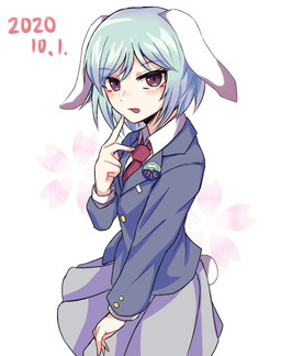 accessory blue_clothing blue_hair blue_jacket blue_topwear blush bottomwear clothed clothed_female clothed_humanoid clothing female floppy_ears grey_bottomwear grey_clothing grey_skirt hair jacket lop_ears necktie purple_eyes red_necktie shirt skirt solo tail topwear white_clothing white_ears white_shirt white_tail white_topwear yonoisan touhou reisen_(touhou_bougetsushou) animal_humanoid humanoid lagomorph lagomorph_humanoid leporid_humanoid mammal mammal_humanoid rabbit_humanoid 2020 dated hi_res