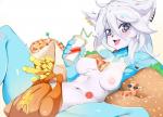 anthro blue_body blue_fur blush breasts burger chest_tuft chicken_meat container convenient_censorship cup ear_piercing female food food_censorship freckles fried_chicken fries fur hair holding_container holding_cup holding_object meat navel nipples nude open_mouth piercing pizza solo tongue tongue_out tuft white_body white_fur white_hair pingqiong_xiansheng poverty_(p9) canid canine fox mammal 2016 censored