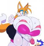 2_tails anthro armwear balls big_balls big_breasts big_penis blue_eyes blush bodily_fluids breasts chili_dog clothing cosplay crossgender duo elbow_gloves eyelashes eyeshadow fingers food genital_fluids genitals gloves gynomorph handwear hot_dog huge_balls huge_breasts intersex knock-kneed makeup mtg_crossgender mti_crossgender multi_tail penis precum simple_background standing surprise sweat sweaty_breasts tail tight_clothing vein veiny_penis white_background sssonic2 sega sonic_the_hedgehog_(series) miles_prower rouge_the_bat sonic_the_hedgehog canid canine eulipotyphlan european_hedgehog fox hedgehog mammal red_fox true_fox 2018 absurd_res digital_media_(artwork) hi_res
