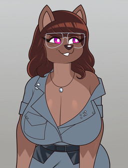 anthro big_breasts breasts brown_body brown_fur brown_hair clothed clothing eyewear female fur glasses hair huge_breasts mature_anthro mature_female pink_eyes solo acstlu jamie_lee_curtis phurah canid canine fox mammal 2025 hi_res