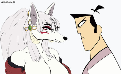 angry anthro asian_clothing big_breasts black_hair breasts cleavage clothed clothing duo ear_piercing east_asian_clothing female frown fur fur_markings gem hair human_on_anthro interspecies japanese_clothing jewelry kimono long_hair looking_at_another male markings multicolored_body piercing pose romantic romantic_couple simple_background text topknot tuft white_background white_body white_fur white_hair doctorcure mythology samurai_jack kurenai_(doctorcure) samurai_jack_(character) canid canine fox human mammal mythological_creature 2026 artist_name colored digital_drawing_(artwork) digital_media_(artwork) english_text pinup signature