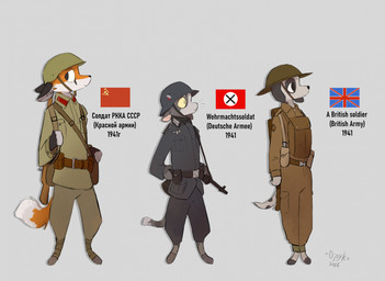 ambiguous_gender anthro army_helmet backpack belt belt_pouch boots bottomwear clothing collared_shirt digitigrade dipstick_tail eye_spots footwear fur german_flag grey_body grey_fur group gun holding_gun holding_object holding_ranged_weapon holding_rifle holding_weapon leg_wraps markings military military_uniform mosin-nagant nazi_flag nazi_uniform orange_body orange_fur pants ranged_weapon rifle russian shirt shoes sling_bag soviet_flag soviet_union standing submachine_gun tail tail_markings text topwear uniform union_jack united_kingdom weapon white_body white_fur world_war_2 wraps =djoyk= imperial_tula_arms_plant canid canine canis domestic_cat domestic_dog felid feline felis fox mammal red_fox true_fox 2025 cyrillic_text english_text german_text hi_res partially_translated russian_text translation_request