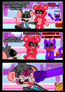 angry anthro black_body female group male punch purple_body red_body sad text trio worried rocketlennon mob_entertainment nightmare_critters poppy_playtime smiling_critters bobby_bearhug catnap_(poppy_playtime) touille_(poppy_playtime) bear domestic_cat felid feline felis mammal murid murine rat rodent absurd_res comic hi_res spanish_text