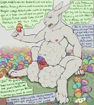 abdominal_bulge anal_storage annoyed anthro balls belly_overhang big_balls blue_eyes bodily_fluids cavity_storage dialogue egg egg_from_penis egg_from_urethra erection forced forced_orgasm fur genital_fluids genitals grey_body grey_fur holidays huge_balls inside_balls male nipples nude offscreen_character open_mouth orgasm oviposition paws pecs penetration penis precum profanity simple_background solo speech_bubble stated_homosexuality stated_sexuality teeth testicle_storage text urethral urethral_bulge urethral_penetration vein veiny_penis white_body white_fur koorivlf easter lagomorph leporid mammal rabbit 2018 digital_media_(artwork) spanish_text translation_check translation_request