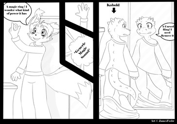 ambiguous_gender anthro before_and_after biped blush clothed clothing curiosity hair horn humor magic mirror multi_tail open_mouth reflection regret ring shrinking size_transformation smile solo standing surprised tail text transformation jamesfoxbr dungeons_and_dragons hasbro wizards_of_the_coast canid canine fox kobold mammal reptile scalie 2012 black_and_white comic digital_drawing_(artwork) digital_media_(artwork) english_text line_art monochrome