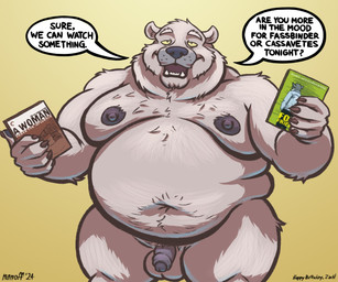 anthro belly big_belly casual_nudity cinephile flaccid foreskin front_view fur genitals glans happy_birthday humanoid_genitalia humanoid_penis male movie_case musclegut muscular navel neck_rolls nipples nude open_mouth overweight overweight_anthro overweight_male partially_retracted_foreskin penis question simple_background solo speech_bubble talking_to_viewer teeth text white_body white_fur yellow_background yellow_eyes nanoff bear mammal polar_bear ursine 2024 english_text hi_res